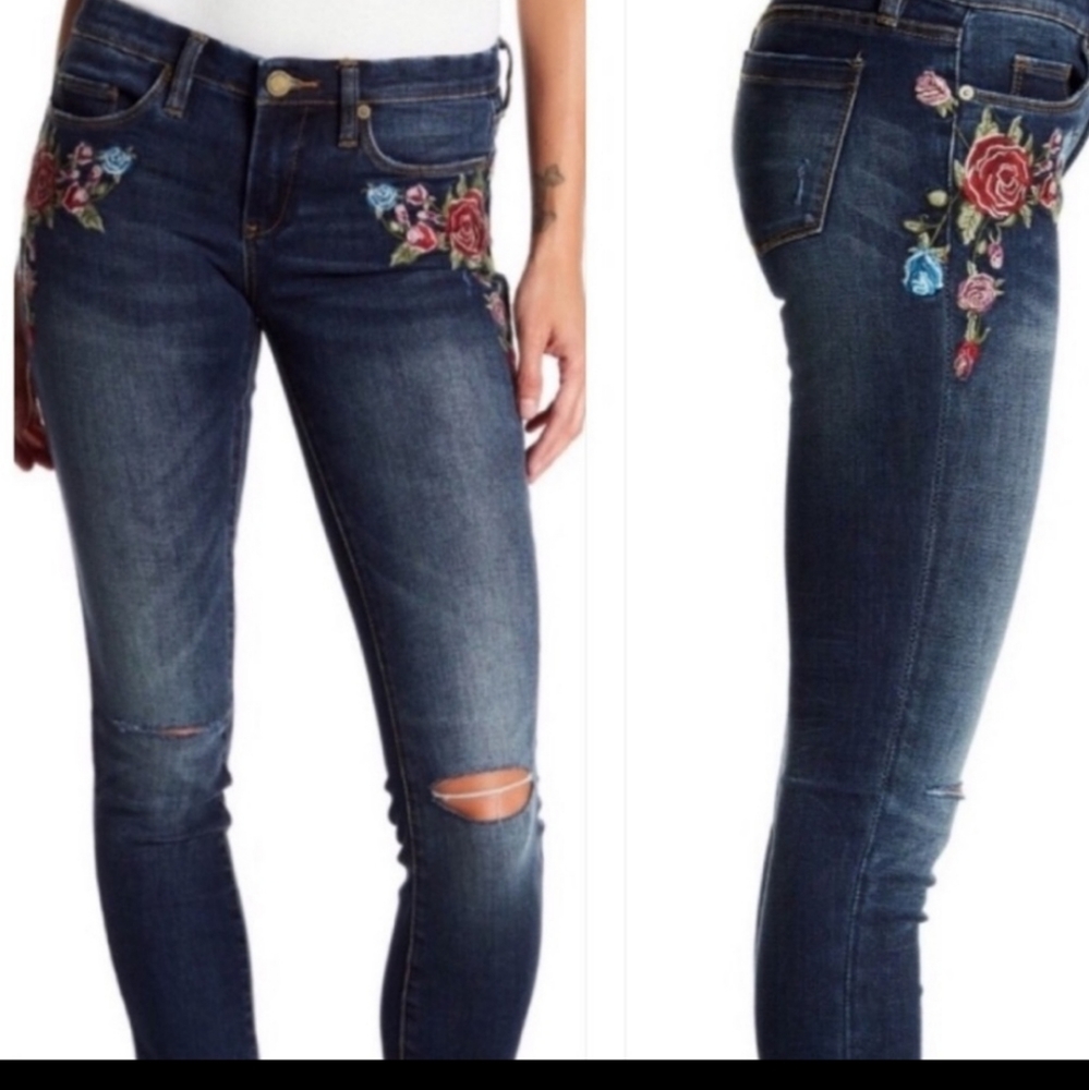 Blank NYC Dark Wash Floral Embroidered Busted Knee Skinny Leg Jeans Size 28 - Picture 2 of 11